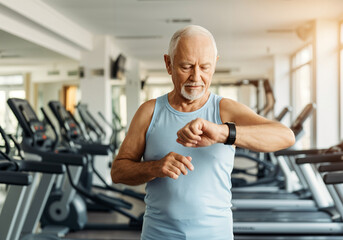 Elderly man using smart watch monitoring his fitness progress during training in the gym