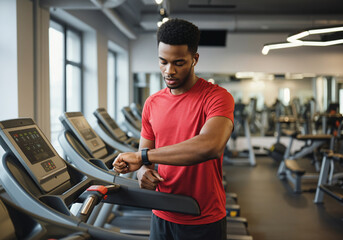 Focused athlete monitors progress on smart watch while using treadmill in gym, emphasizing fitness technology integration