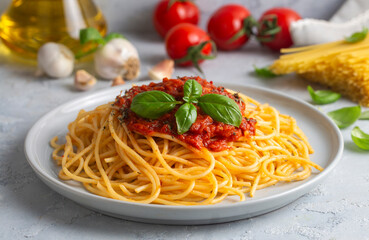 Tasty appetizing classic italian spaghetti pasta with tomato sauce