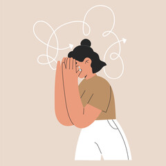 Crying woman has ADHD, anxiety and tangled thoughts. Confused girl has mental disorder and chaos in brain. Frustrated person has headache, burnout and overload in mind, vector isolated illustration