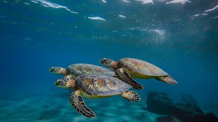 Fototapeta premium Two beautiful sea turtles are gracefully swimming together in the ocean waters