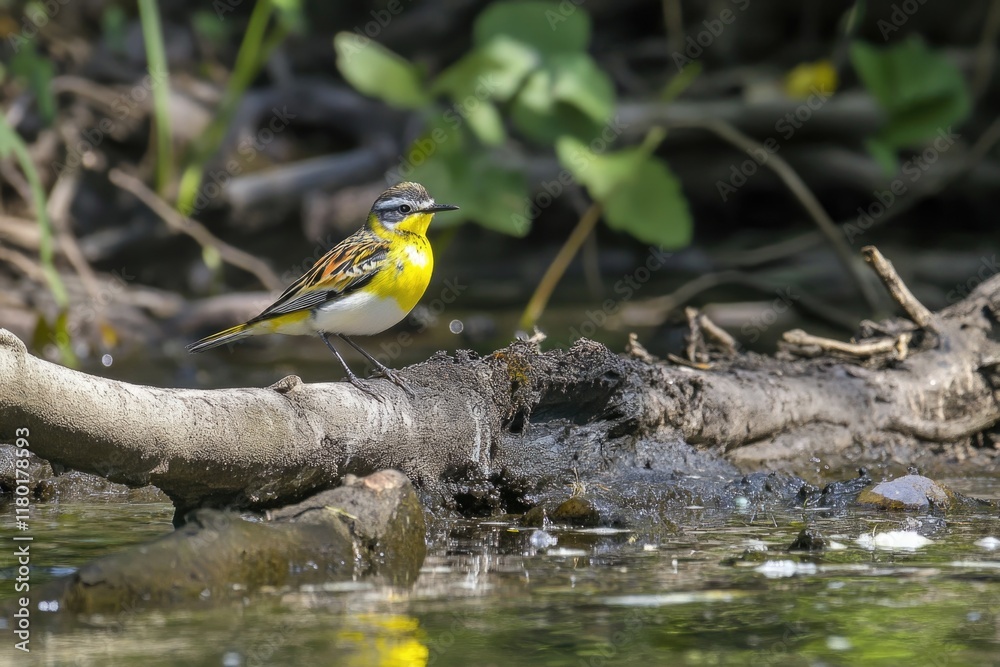 Poster a small yellow and black bird perched on a tree branch, surrounded by foliage