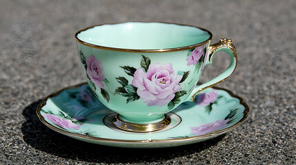 A delicate porcelain teacup with a mint green finish and floral rose designs, accompanied by a matching saucer, set against a textured background.