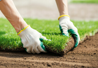 Gardener laying sod for new lawn, using gloves for precise placement of the turf
