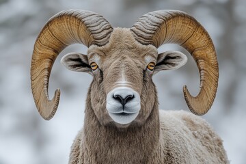 A majestic ram with impressive horns stands proudly in a snowy environment