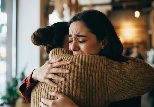 Young woman cries and hugs her friend, finding comfort and support in a moment of sadness