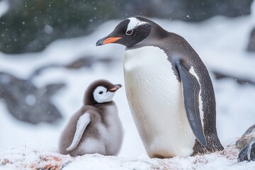 Naklejka premium A close-up shot of a parent penguin standing next to its baby in snowy surroundings
