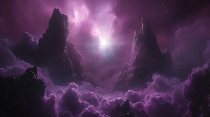 Purple cloudscape with towering peaks and bright light.