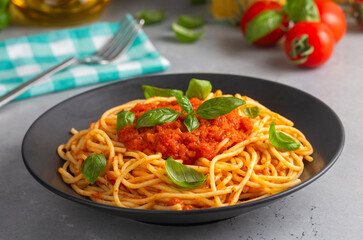 Tasty appetizing classic italian spaghetti pasta with tomato sauce