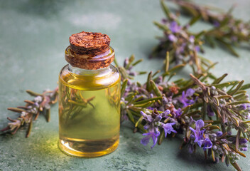Rosemary oil. Rosemary essential oil jar glass bottle and branches of plant rosemary with flowers