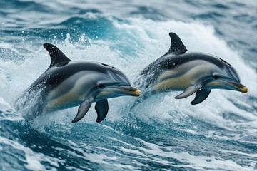 Fototapeta premium Two dolphins leaping from the sea into the air, a moment of playfulness and freedom