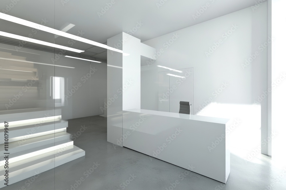 Poster a white reception desk in a modern office setting