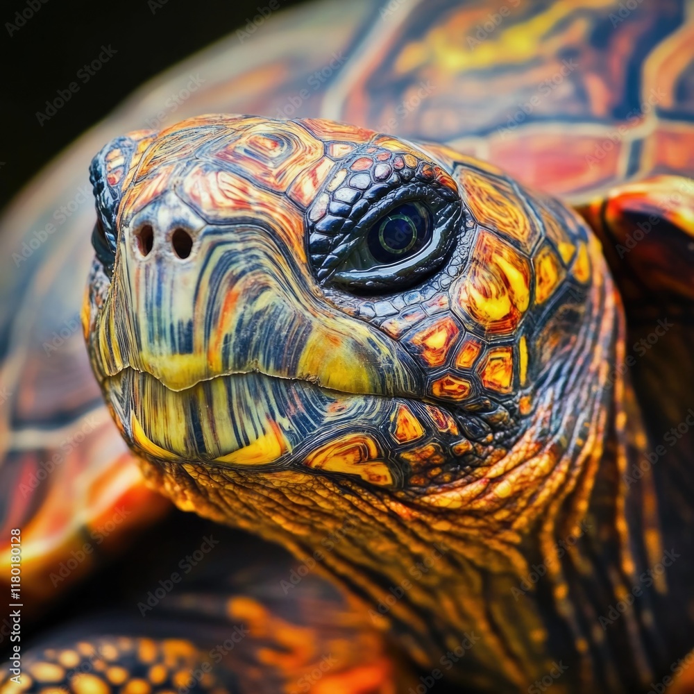 Poster a close-up shot of a turtle's face with a blurry background