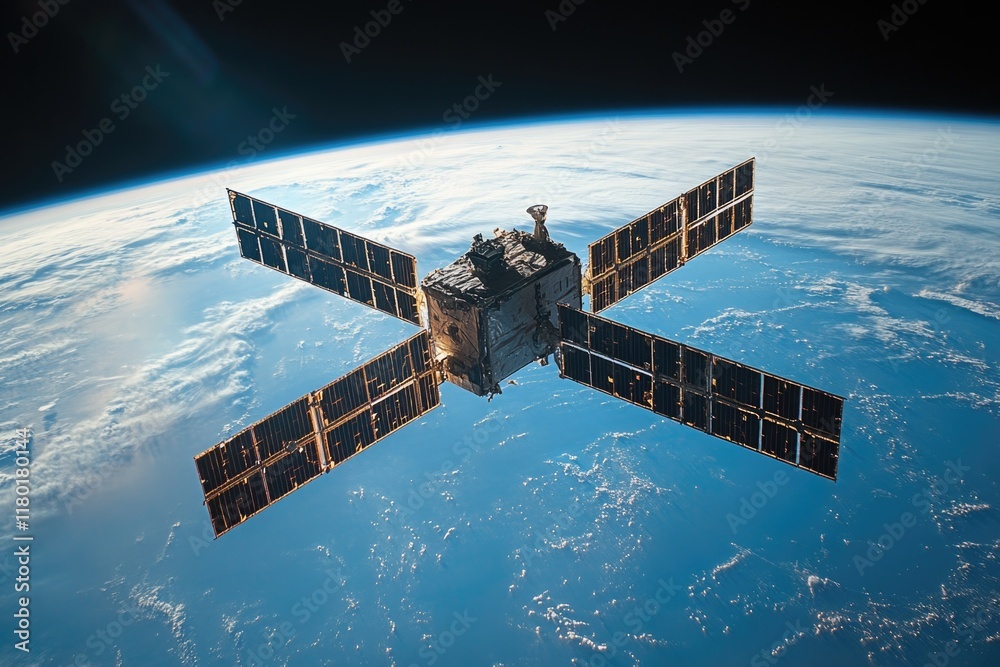Poster a satellite in orbit around the earth, with the blue atmosphere and clouds visible below