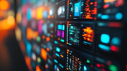 Futuristic digital interface with colorful data streams and cloud icon.