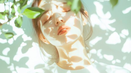Glowing asian woman standing under dappled tree light in nature portrait serene environment close-up view