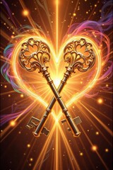 Ornate golden keys crossing in a heart shape with radiant light bursts and colorful energy
