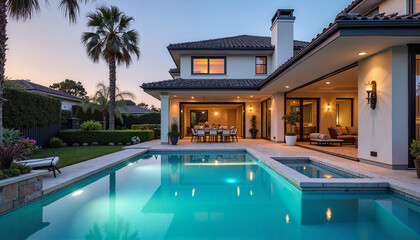 Modern villa with pool at twilight