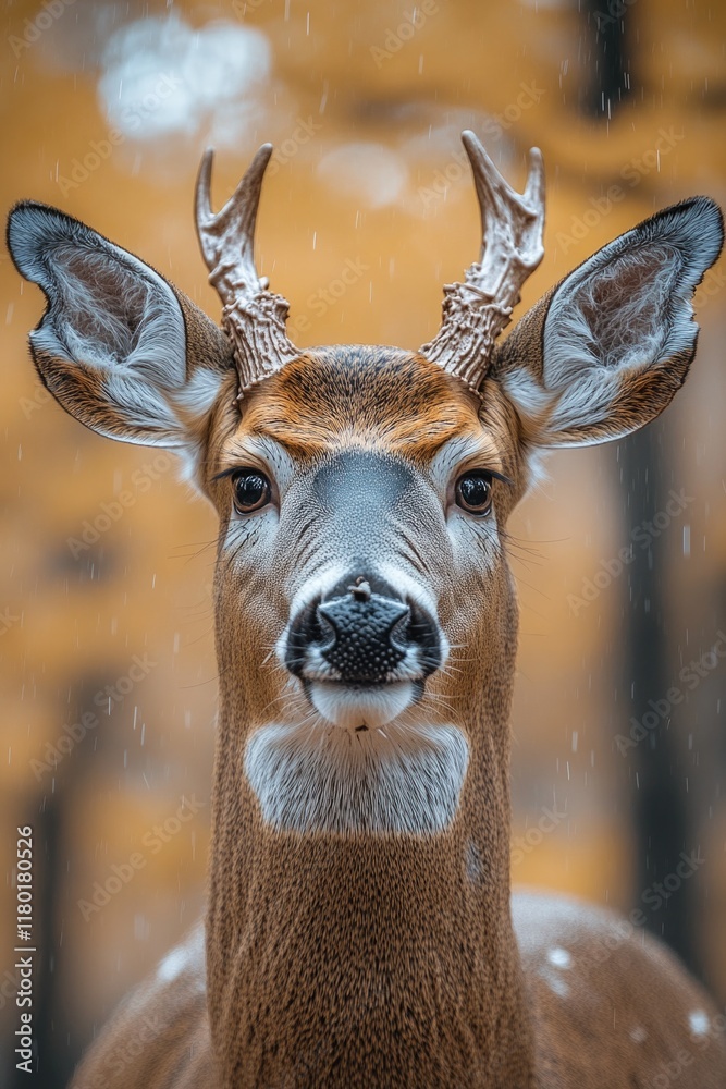 Poster a close-up view of a deer in snowy surroundings