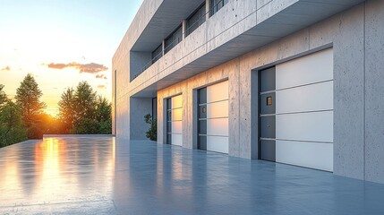 Fototapeta premium Modern building with garage doors and sunset in the background.