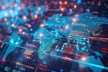 Global business growth through data analysis  technology  teamwork  and strategy.