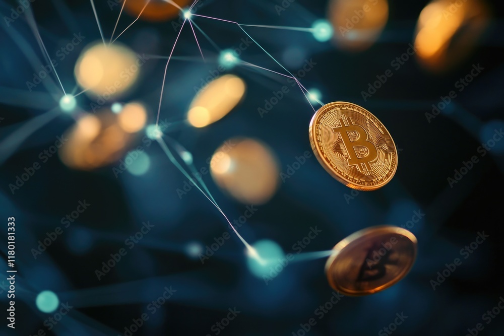 Aufkleber A single bitcoin coin floating in the air surrounded by many others, suitable for financial and technology-related contexts