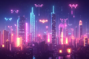 Glowing Neon Futuristic Cityscape with Floating Icons of Skyscrapers Streetlights and Drones