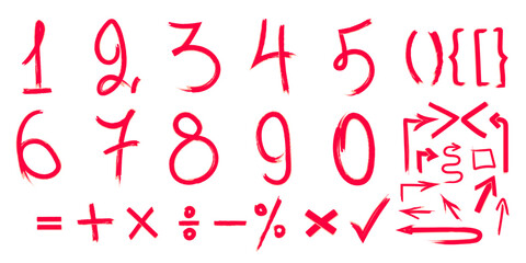 Drawing of a set of numbers and mathematical symbols. Handwritten elements written with red marker