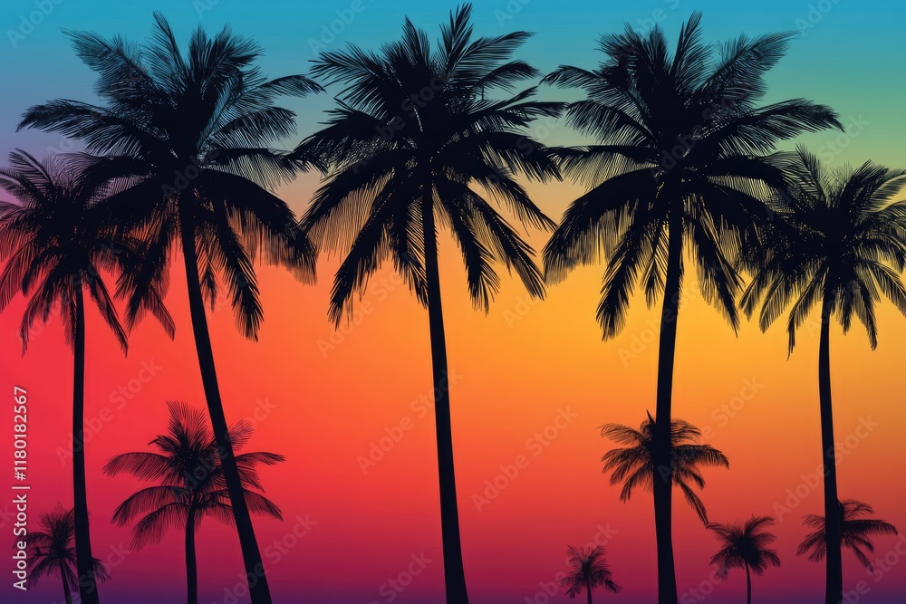 Poster a group of palm trees standing tall against a vibrant and colorful sky with fluffy white clouds