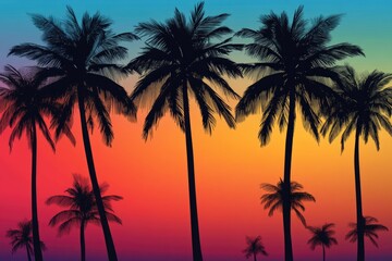 A group of palm trees standing tall against a vibrant and colorful sky with fluffy white clouds