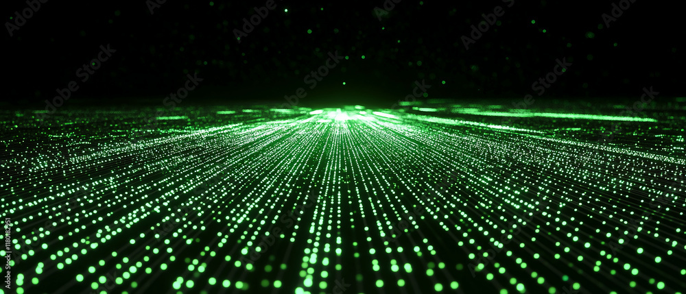 Poster Abstract green digital landscape with glowing data points and futuristic design