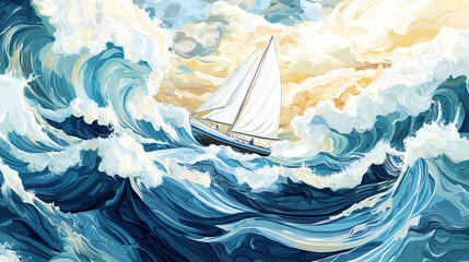 An artistic representation of a boat cresting dynamic ocean waves, showcasing movement and adventure, embodying a spirit of exploration and freedom on the sea. Wavecrest. Illustration