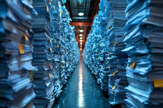 Stacks of regulatory compliance documentation and legal paperwork for business management