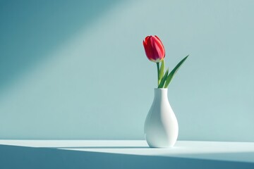 Obraz premium Minimalist Red Tulip in White Vase Against Soft Blue Background for Elegant Decor