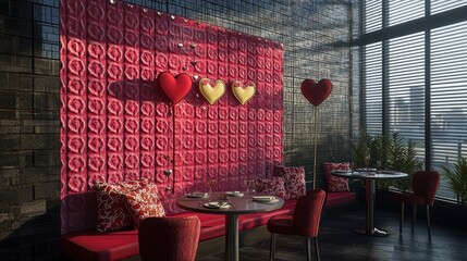 Cozy restaurant corner with heart-themed decor and intimate seating.