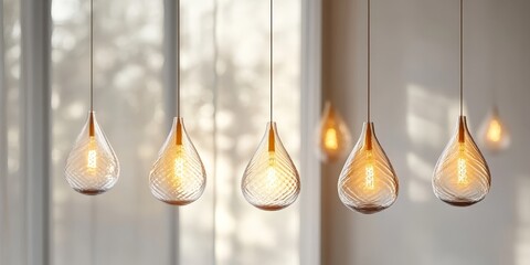 Minimalistic design of hanging light bulbs on a white background. Keywords include illumination, creativity, innovation, and simplicity. Perfect for decor and inspiration.