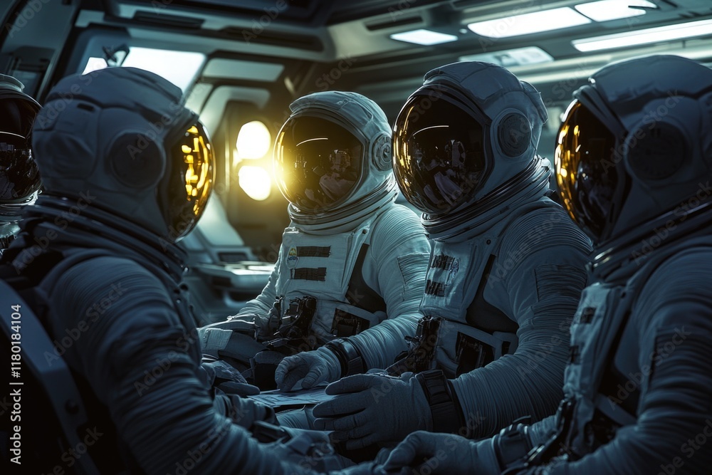 Poster a group of astronauts relaxing in a space station, ready for their next mission