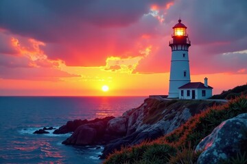 Fototapeta premium lighthouse at sunset with ocean in background, ocean, sunset