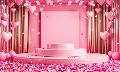 vibrant pink podium surrounded by heart shaped balloons and rose petals creates romantic and festive atmosphere, perfect for Valentine Day celebrations or romantic events