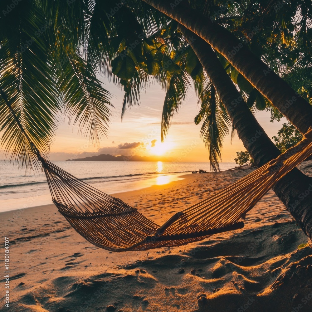 Poster a hammock hanging from a palm tree on a sunny beach