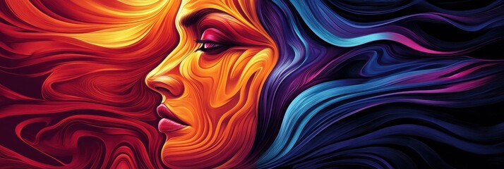 Vibrant abstract artistic portrait of a woman with colorful swirling patterns in profile view