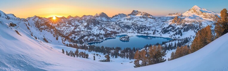 Majestic snow-covered Alps bask in the warm glow of sunrise, with vibrant blue lakes nestled below. Golden rays illuminate the tranquil landscape, creating a serene atmosphere
