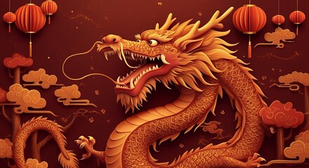 Obraz premium A vibrant depiction of a dragon intertwined with lanterns and clouds, symbolizing prosperity.