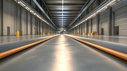 Naklejka premium Modern industrial warehouse interior with empty metal cargo tracks