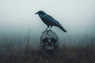 A raven perched on top of an old skull in the field