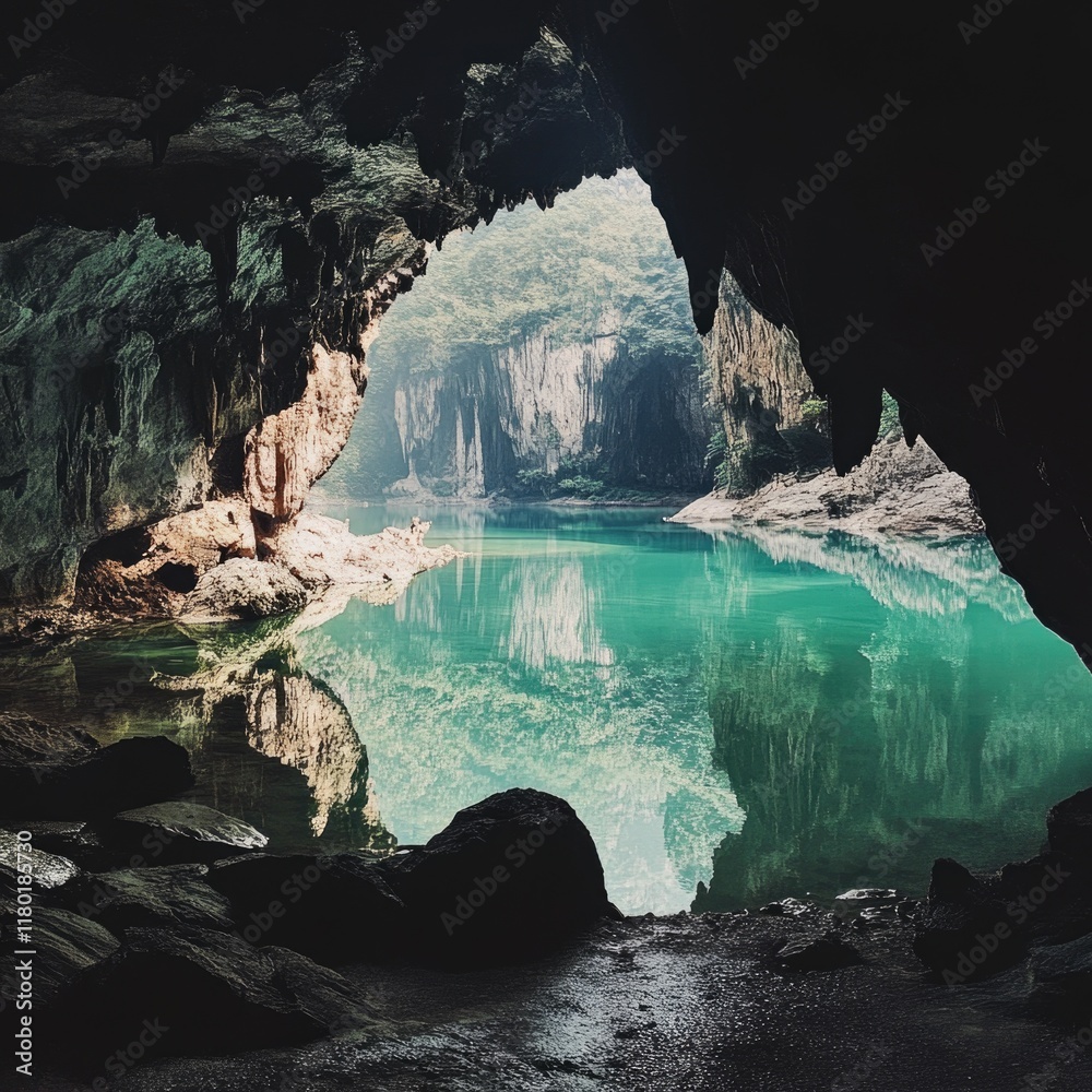 Poster a serene scene from within a cave, featuring a calm lake