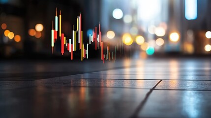Dynamic cityscape with financial graphs amidst urban evening lights