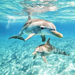 Fototapeta premium A pair of dolphins gliding through the open ocean, showing off their agility and playfulness