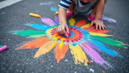 Toddler Creates Vibrant Rainbow Chalk Art Masterpiece on Asphalt
