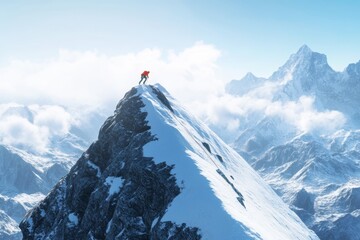 A climber ascends a steep snowy peak, showcasing determination and skill against a backdrop of majestic mountains and a clear blue sky. The scene captures the spirit of alpine exploration